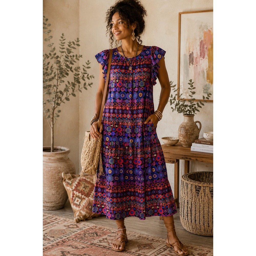 PINCH Boho Floral Cotton Midi Dress Pockets Anthropologie Inspired Size L